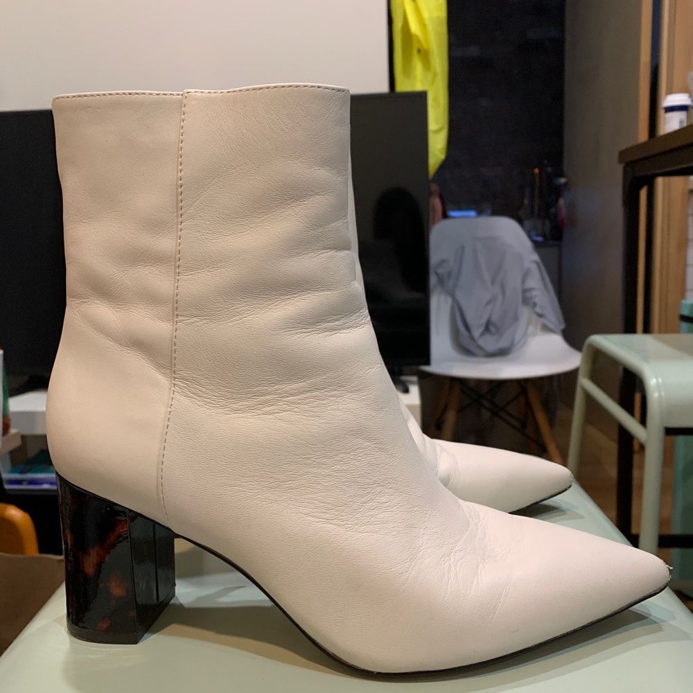 White J. Crew boots with tortoiseshell heel